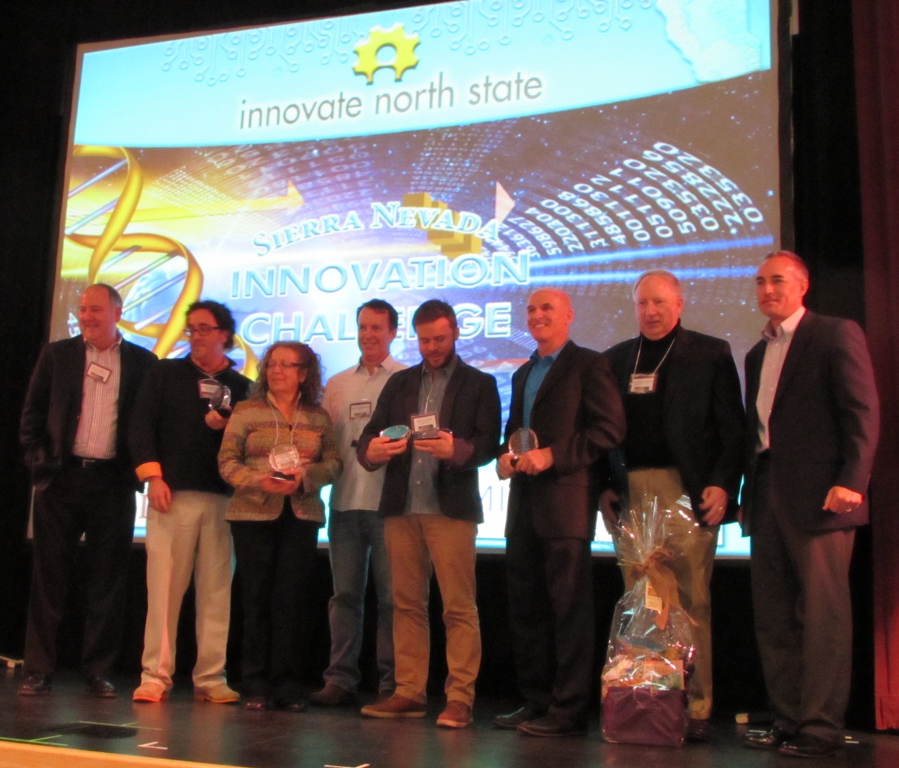 John Gregory of Innovate North State, host of Sierra Nevada Innovation Challenge; Payam Fardanesh of Silk Road Soda, Kathryn Schifferle of Work Truck Solutions(Web/IT 1); Erik Duisenberg of AudioTag (Web IT2), Ben Forman of Intuitive Motion for their product Zboard (Consumer Products) and Jackson Corley of Incrediwear (Health & Medical). Photo by Debra Atlas